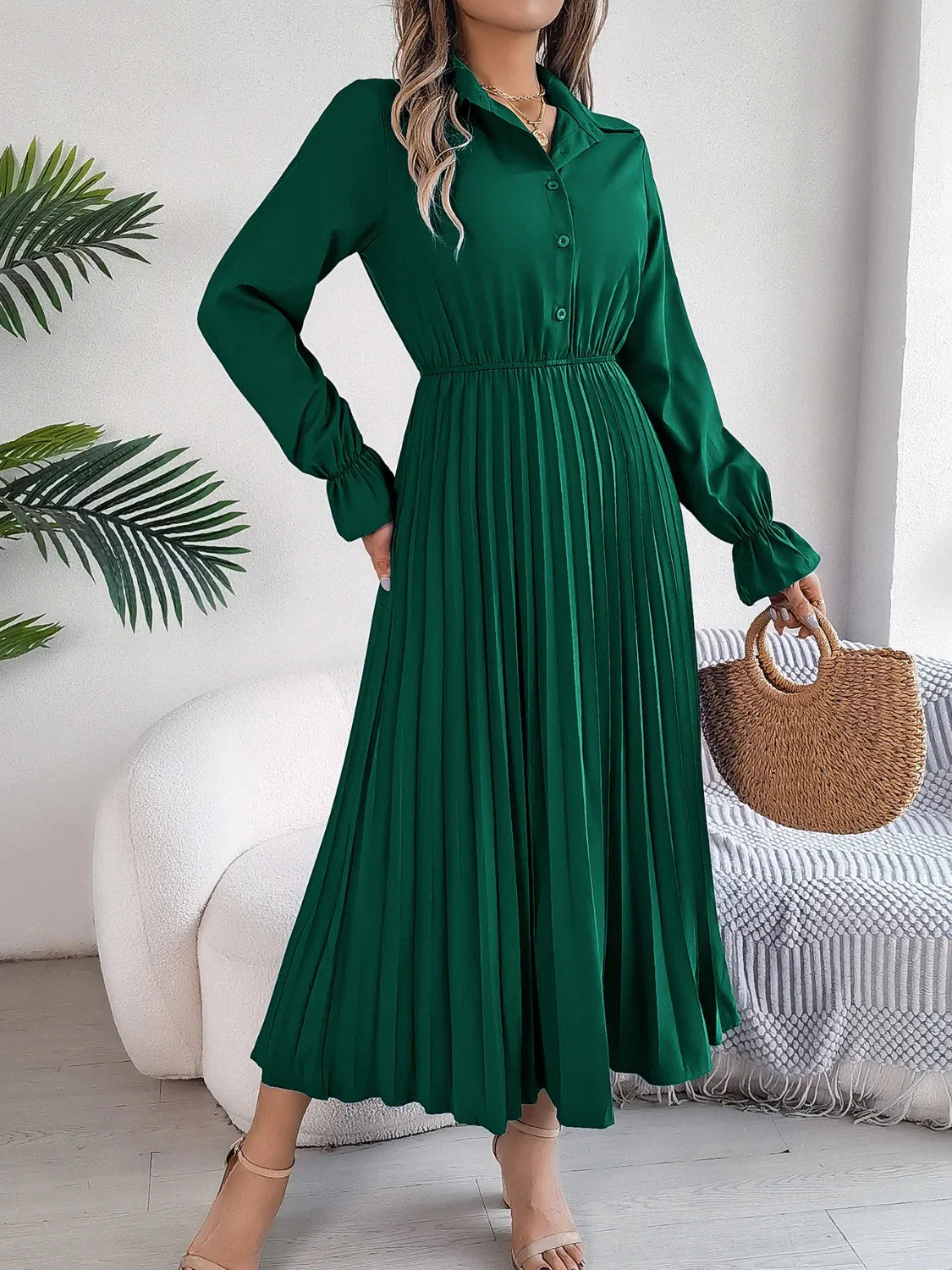 Pleated Half Button Long Sleeve Midi Dress Dark Green Bazaare Mart Pleated Half Button Long Sleeve Midi Dress