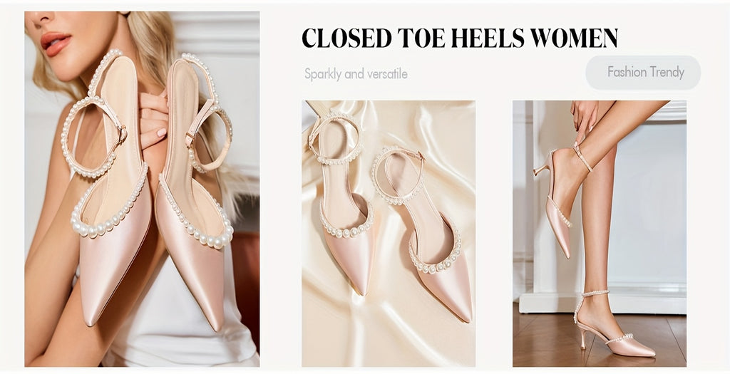Pearl Embellished Pointed Toe Satin Pumps