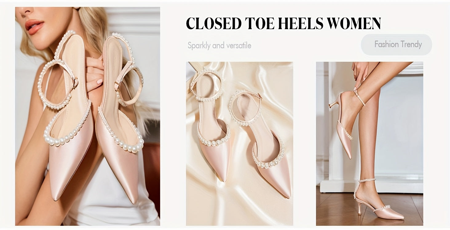 Pearl Embellished Pointed Toe Satin Pumps