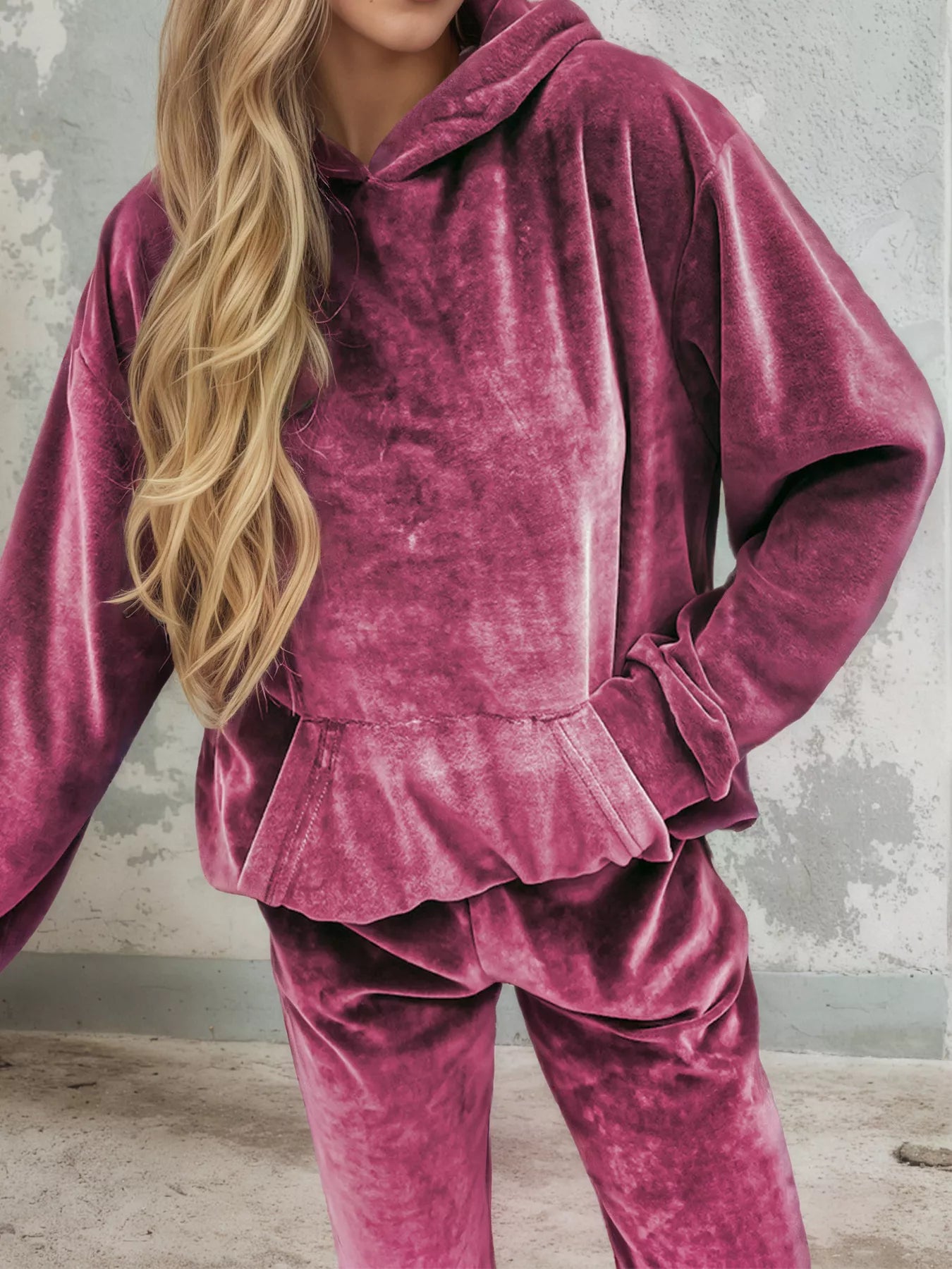 Velvet Long Sleeve Hoodie and Pants Set Purple Red Bazaare Mart Velvet Long Sleeve Hoodie and Pants Set