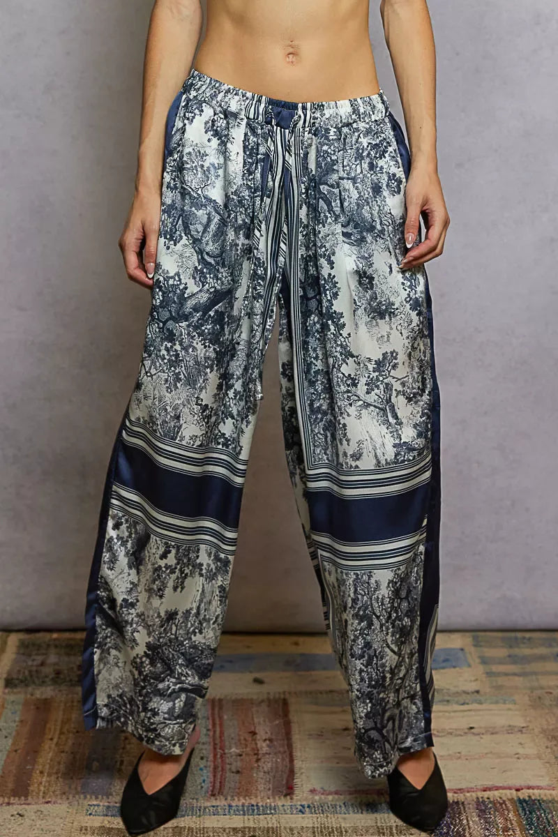 POL Floral Printed Woven Wide Leg Drawstring Pants IVORY NAVY FLORAL Bazaare Mart POL Floral Printed Woven Wide Leg Drawstring Pants
