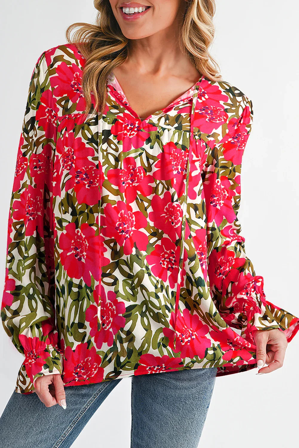 Red Floral Lace up V Neck Flounce Sleeve Blouse - Bazaare Mart