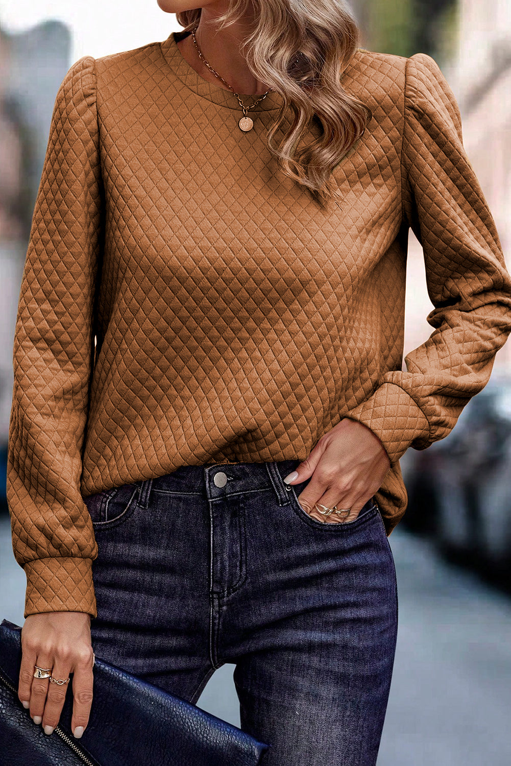 Solid Half Zipper Quilted Pullover Sweatshirt