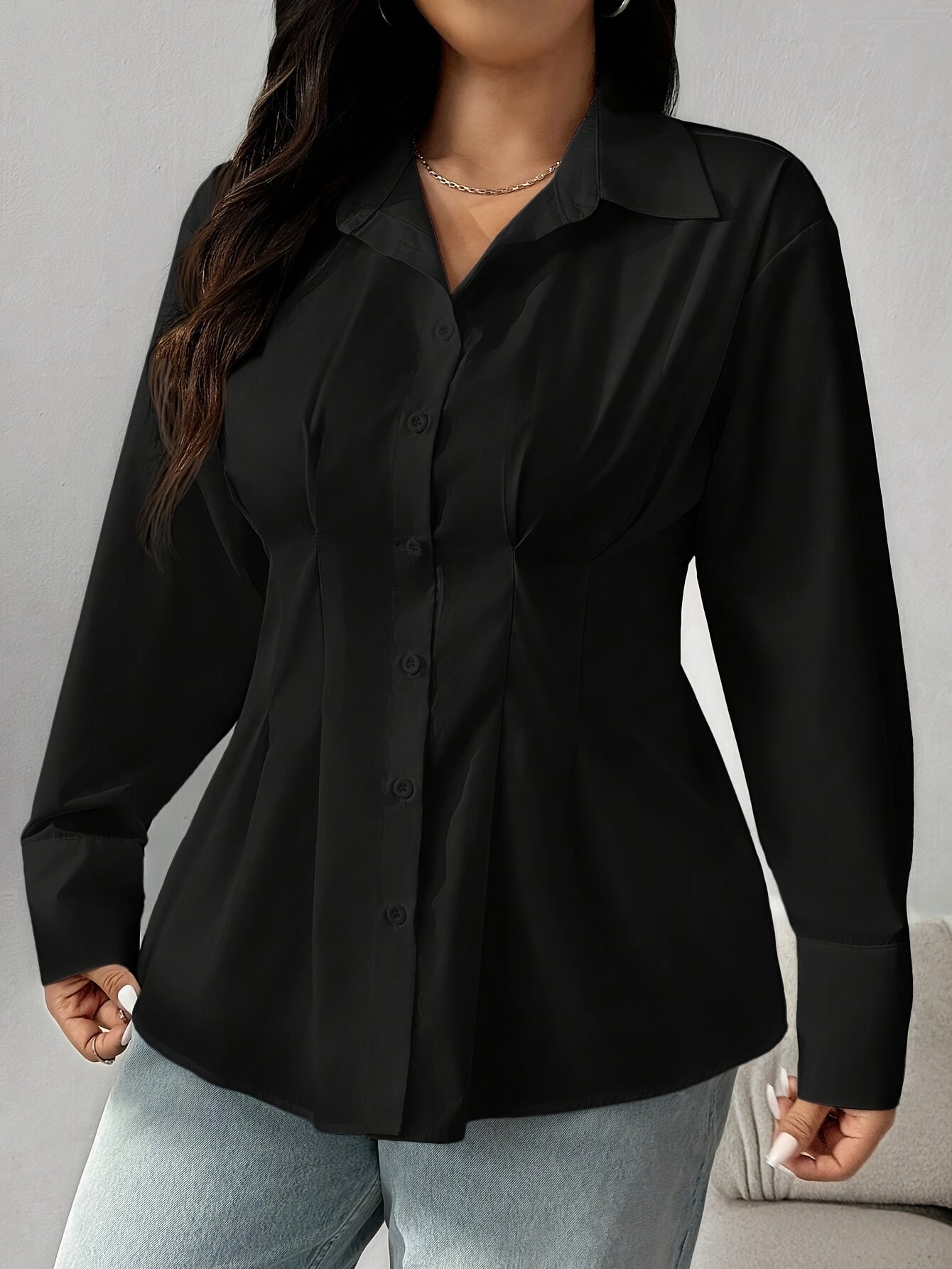 Women's Long Sleeve Button Up Cinched Waist Blouse