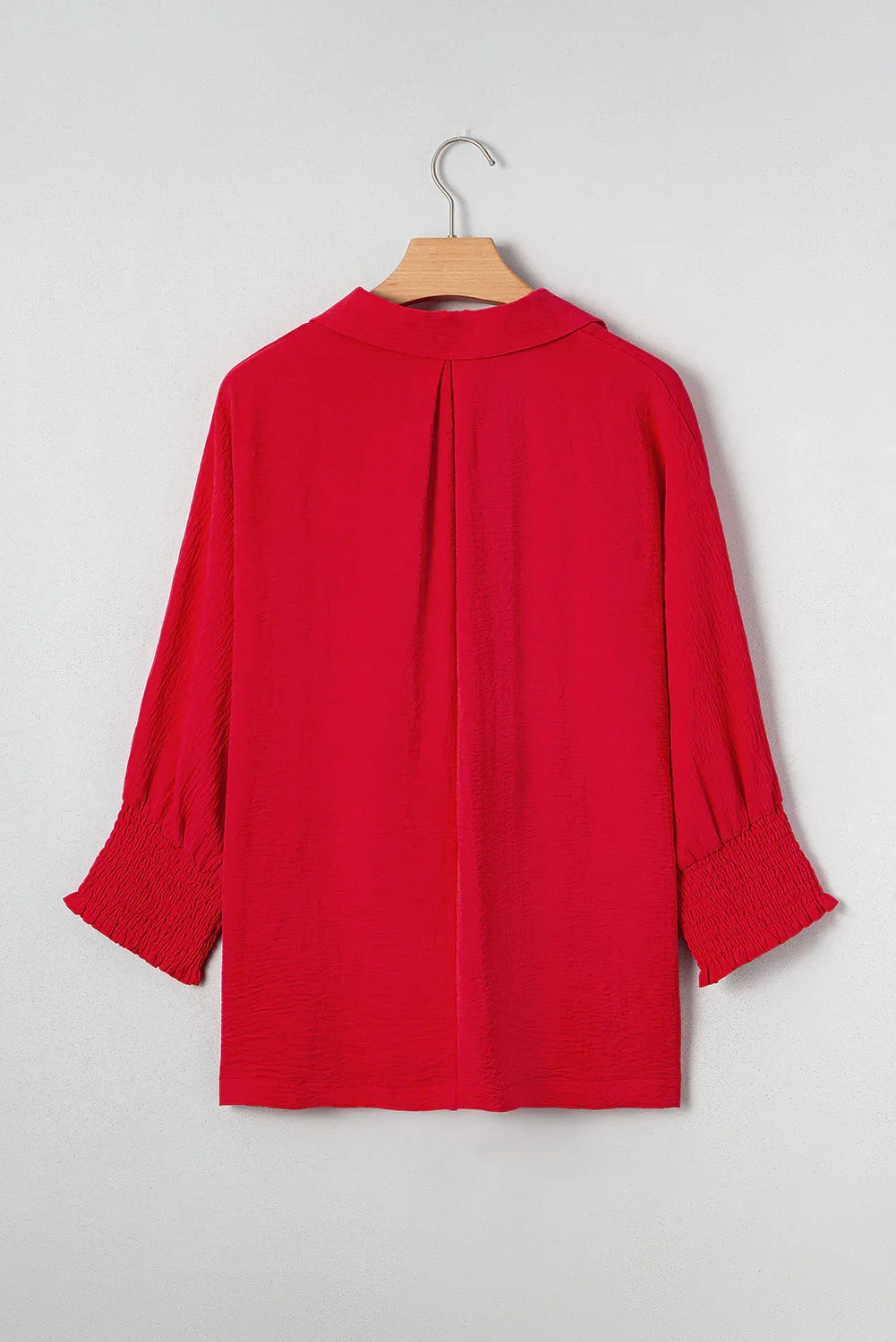 Red V Neck Collared Shirred 3/4 Sleeve Oversized Tunic Top