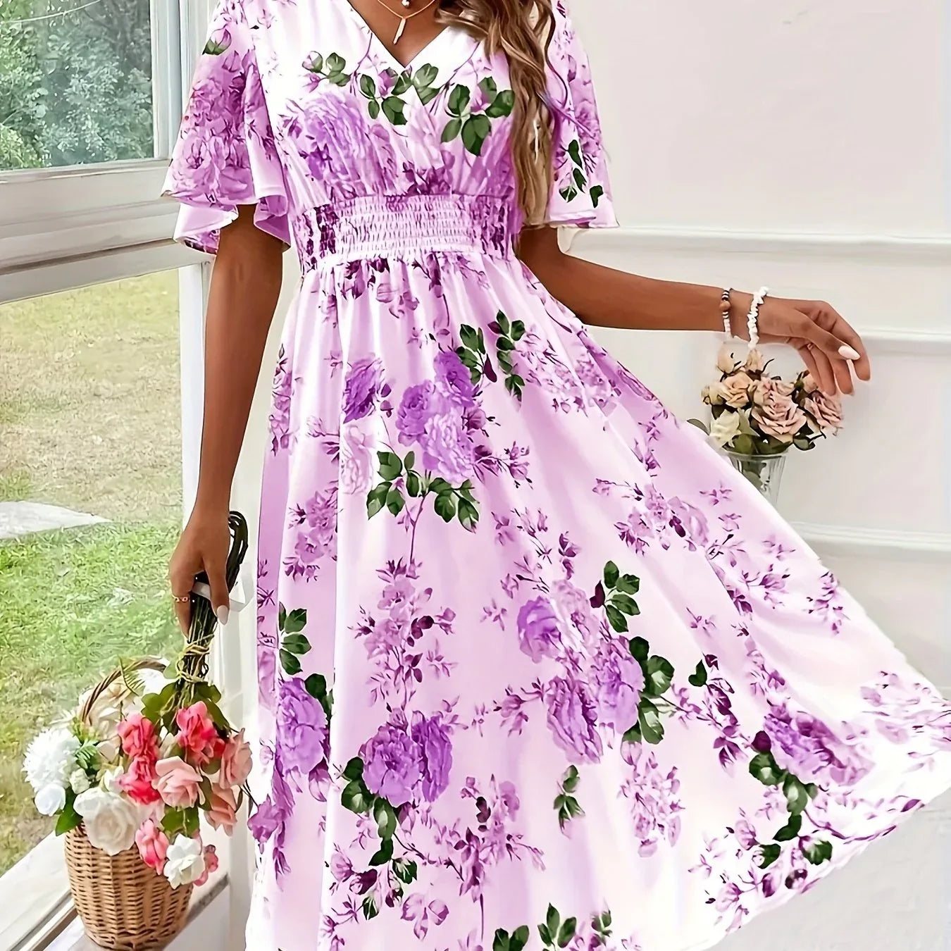 Short Sleeve V-Neck Floral Dresses Bright Pink Color Bazaare Mart Short Sleeve V-Neck Floral Dresses