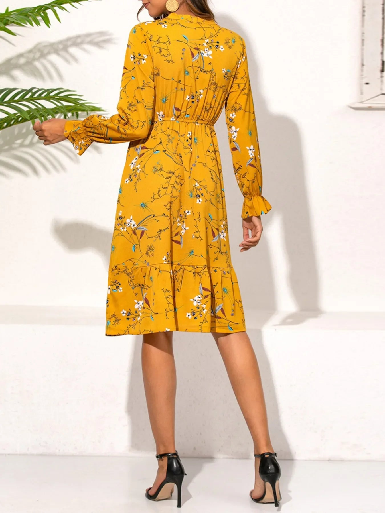 Ruffled Hem Floral Print Long Sleeve Dress Trendsi Long Sleeve Yellow Dress