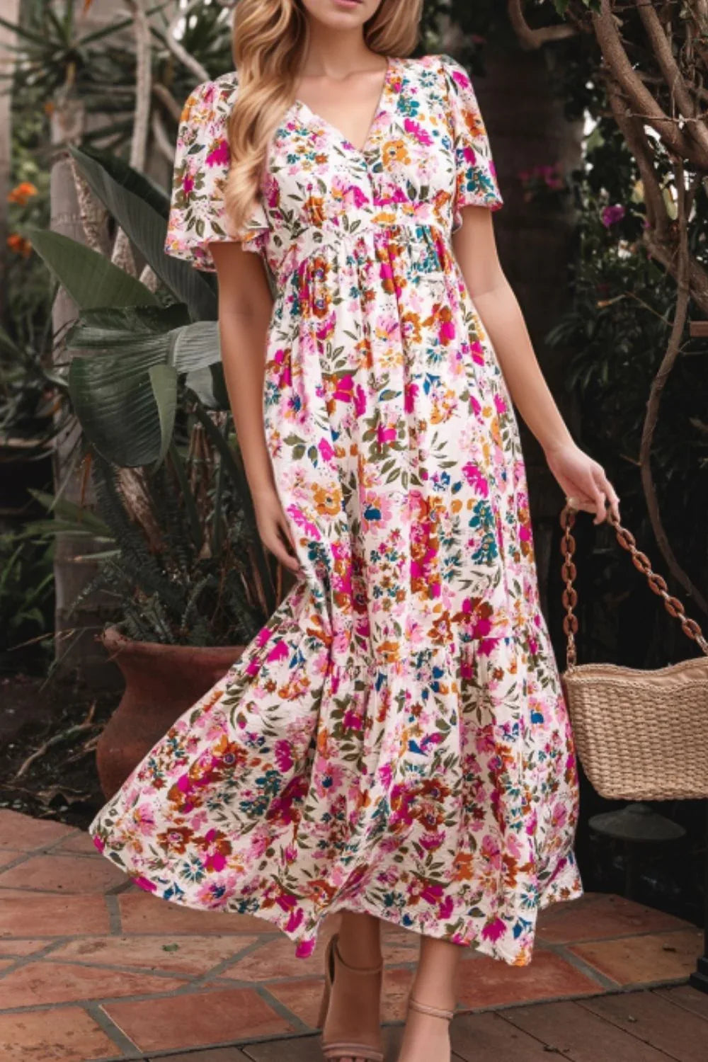 Floral Puff Sleeve Midi Dress with Pockets Bazaare Mart Floral Midi Dress