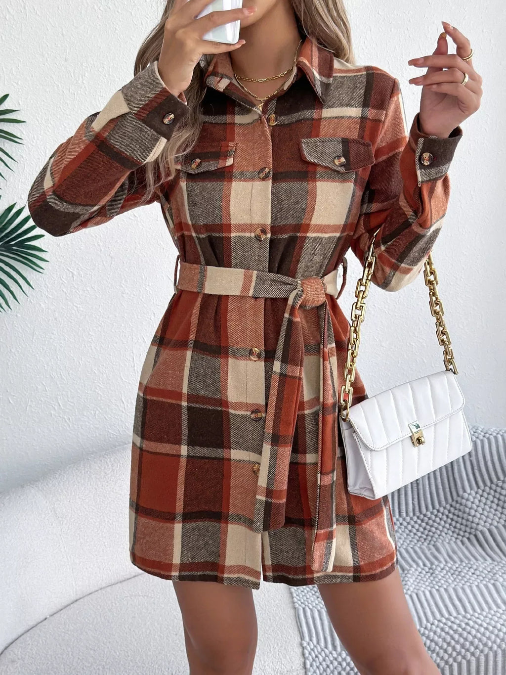 Plaid Button Front Tie Waist Mini Shirt Dress Bazaare Mart Plaid Long Sleeve Shirt Dress