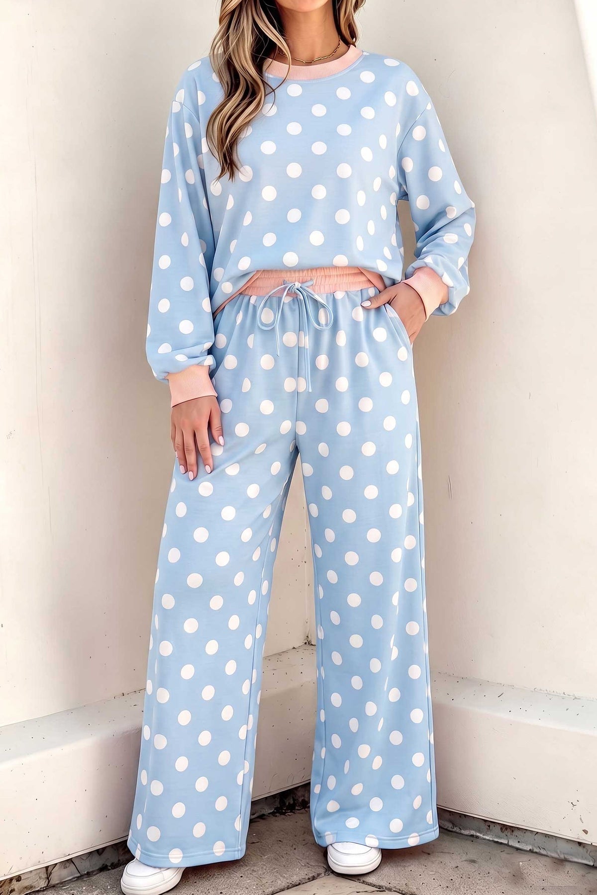 Polka Dot Contrast Trim Top & Drawstring Pants Set