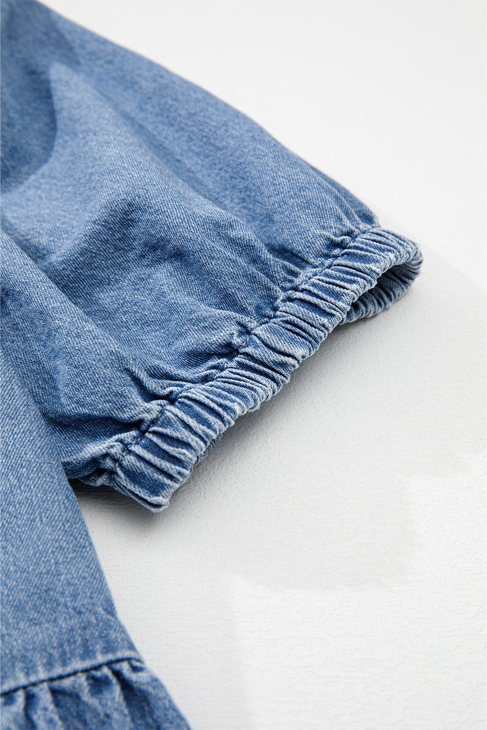 Blue Bow Front Bubble Sleeve Peplum Denim Shirt