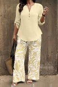Ladies V-neck Shirt with Tropical Printed Pants 1 Style CJ Dropshipping Tropical Pants Set