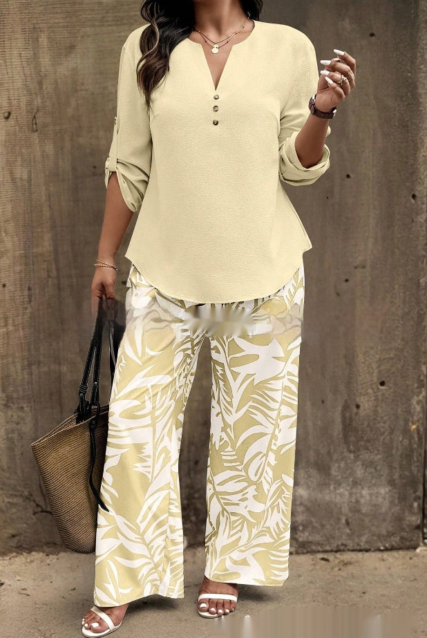Ladies V-neck Shirt with Tropical Printed Pants 1 Style CJ Dropshipping Tropical Pants Set