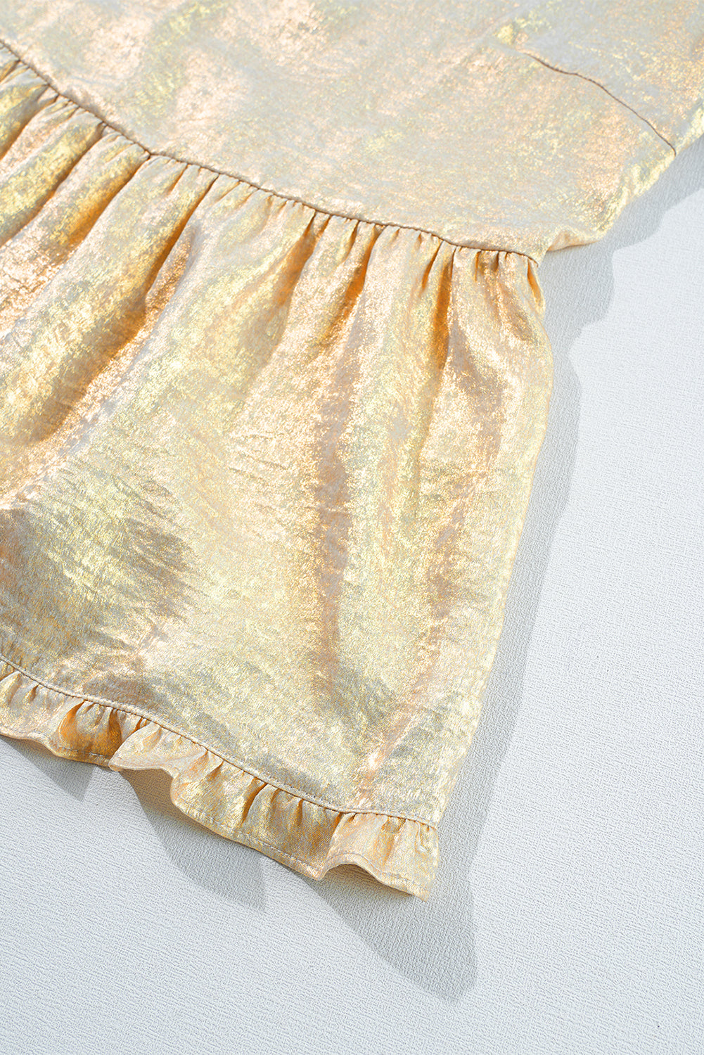 Gold Metallic V Neck Long Puff Sleeve Blouse