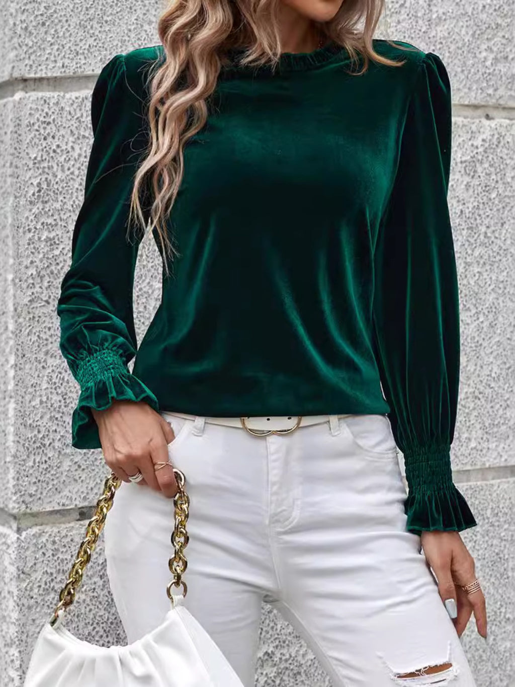 Forest Green Velvet Flounce Sleeve Top