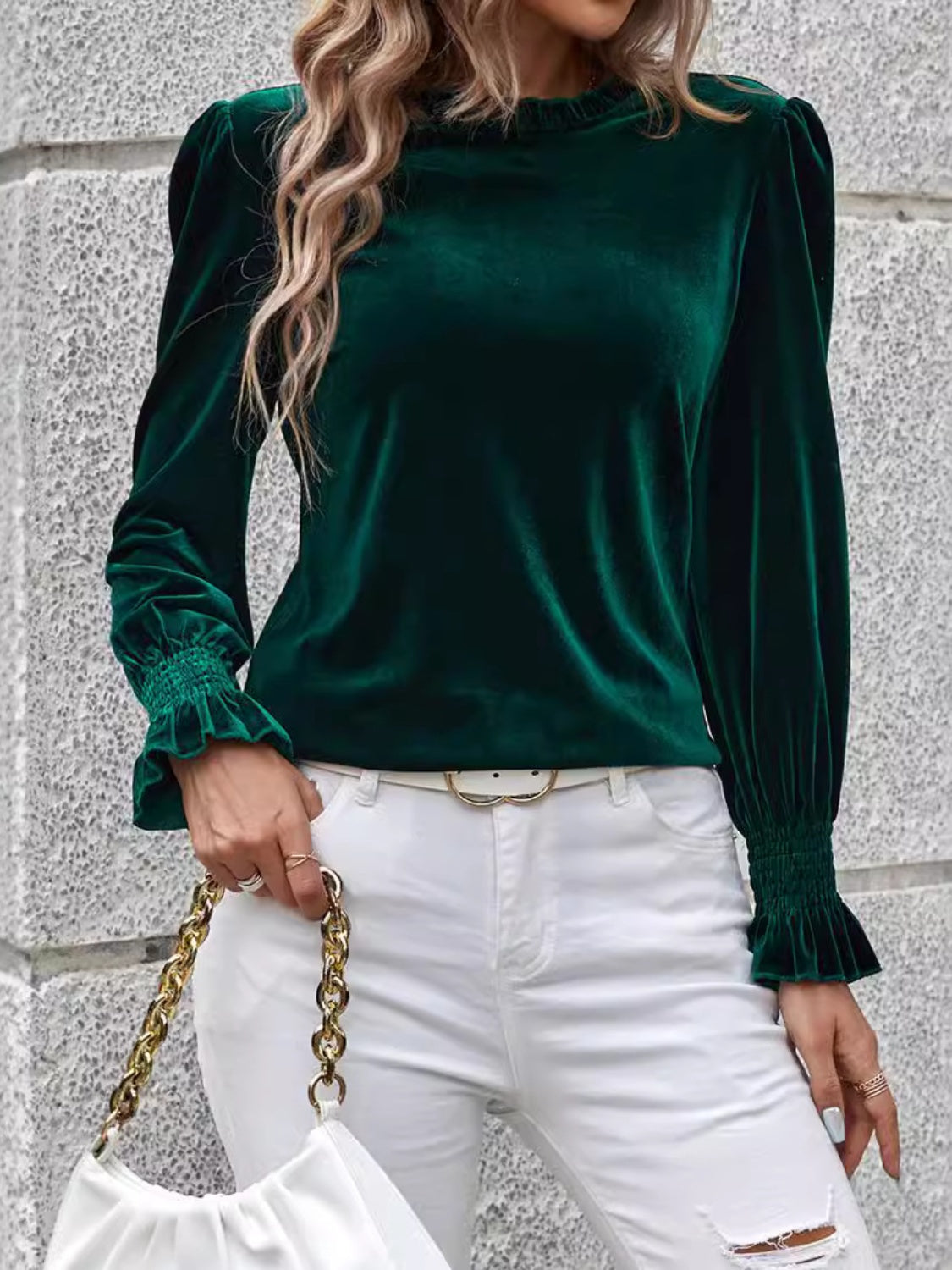 Forest Green Velvet Flounce Sleeve Top