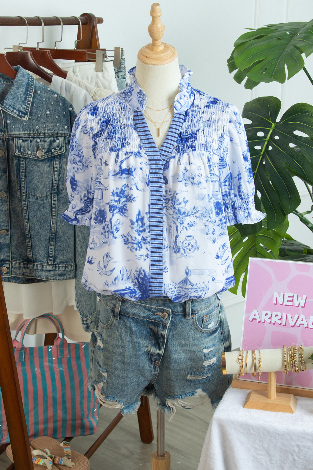 Blue Toile Print Smocked Puff Sleeve Blouse Dear-Lover Dropshipping Tops/Blouses & Shirts