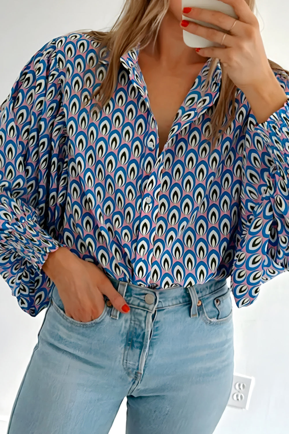 Blue Abstract Print Shirred Cuff Buttoned Oversized Shirt