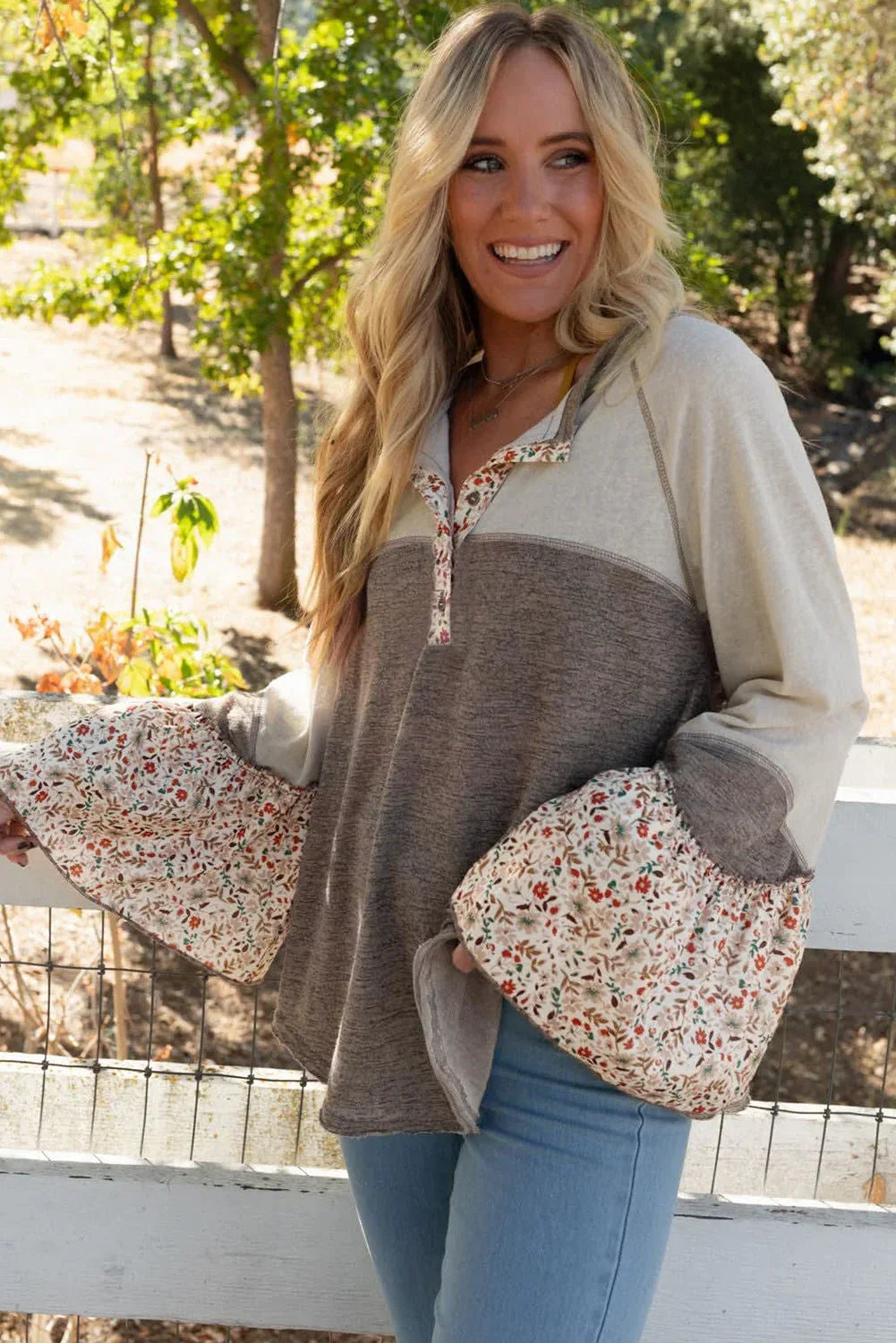 Floral Patchwork Flared Sleeve Henley Top Bazaare Mart Tops/Blouses & Shirts