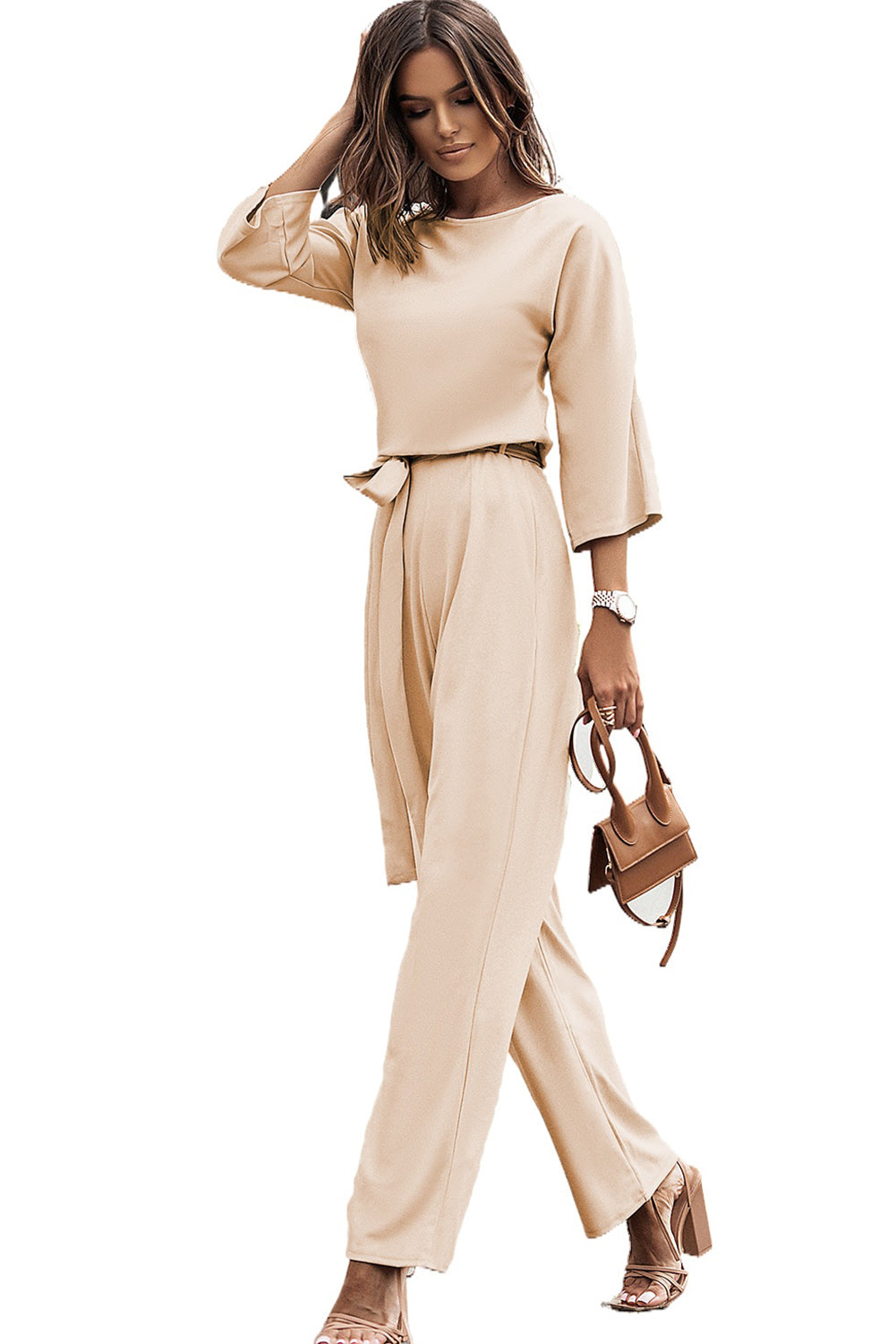 Classy Apricot 3/4 Sleeve Waist Tie Jumpsuit