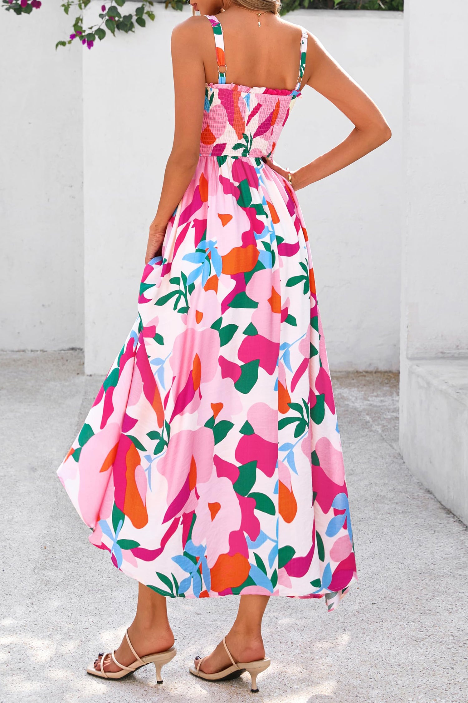 Retro Pink Floral Adjustable Straps Smocked High Waist Sundress Dear-Lover Dropshipping Dresses/Floral Dresses