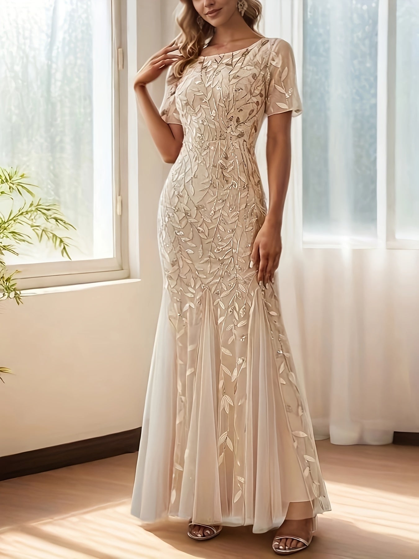 Sheer Floral Short Sleeve Evening Gown