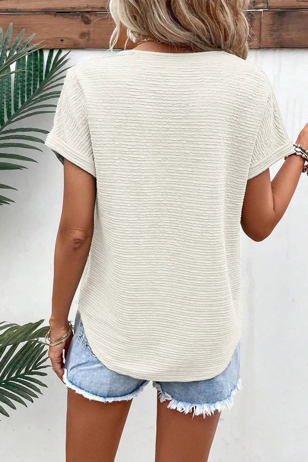 Pale Khaki Textured Wide Sleeve V Neck T Shirt Bazaare Mart Tops/Tops & Tees
