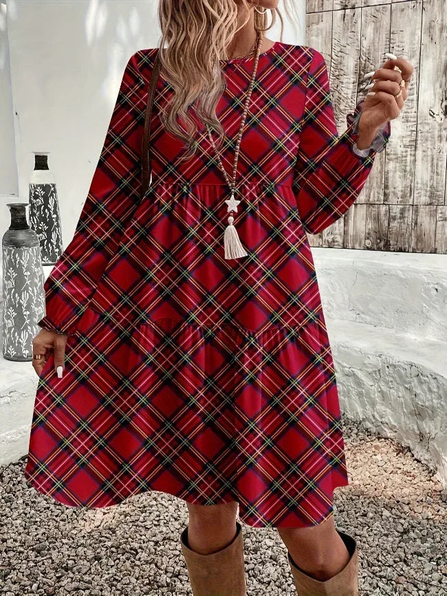 Round Neck Long Sleeve Tiered Empire Dress Bazaare Mart Round Neck Long Sleeve Tiered Empire Dress