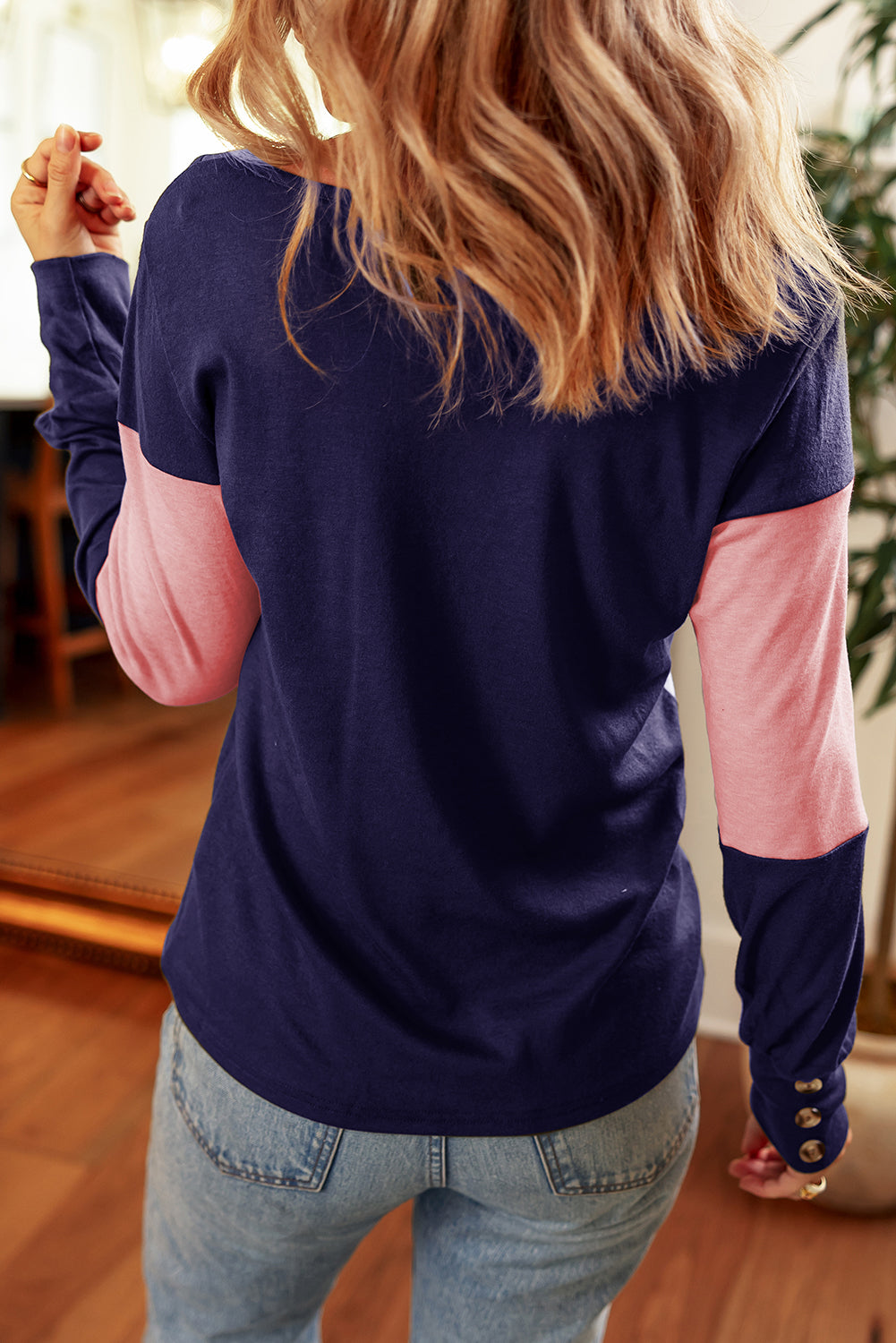 Navy & Pink Stripe Colorblock Long Sleeve V Neck Top