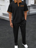 Men's Waffle-Knit Contrast Polo and Pants Set Black Bazaare Mart Men’s Pants Set