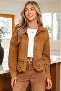 Brown Faux Suede Hollowed Detail Style Jacket Bazaare Mart Outerwear/Jackets