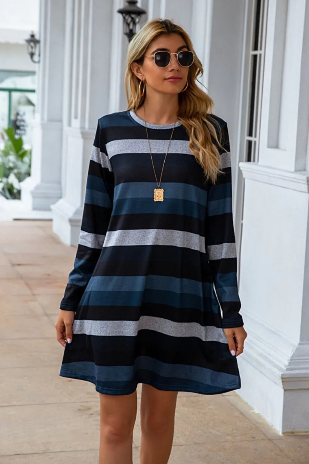 Striped Round Neck Long Sleeve Dress Bazaare Mart Striped Round Neck Long Sleeve Dress