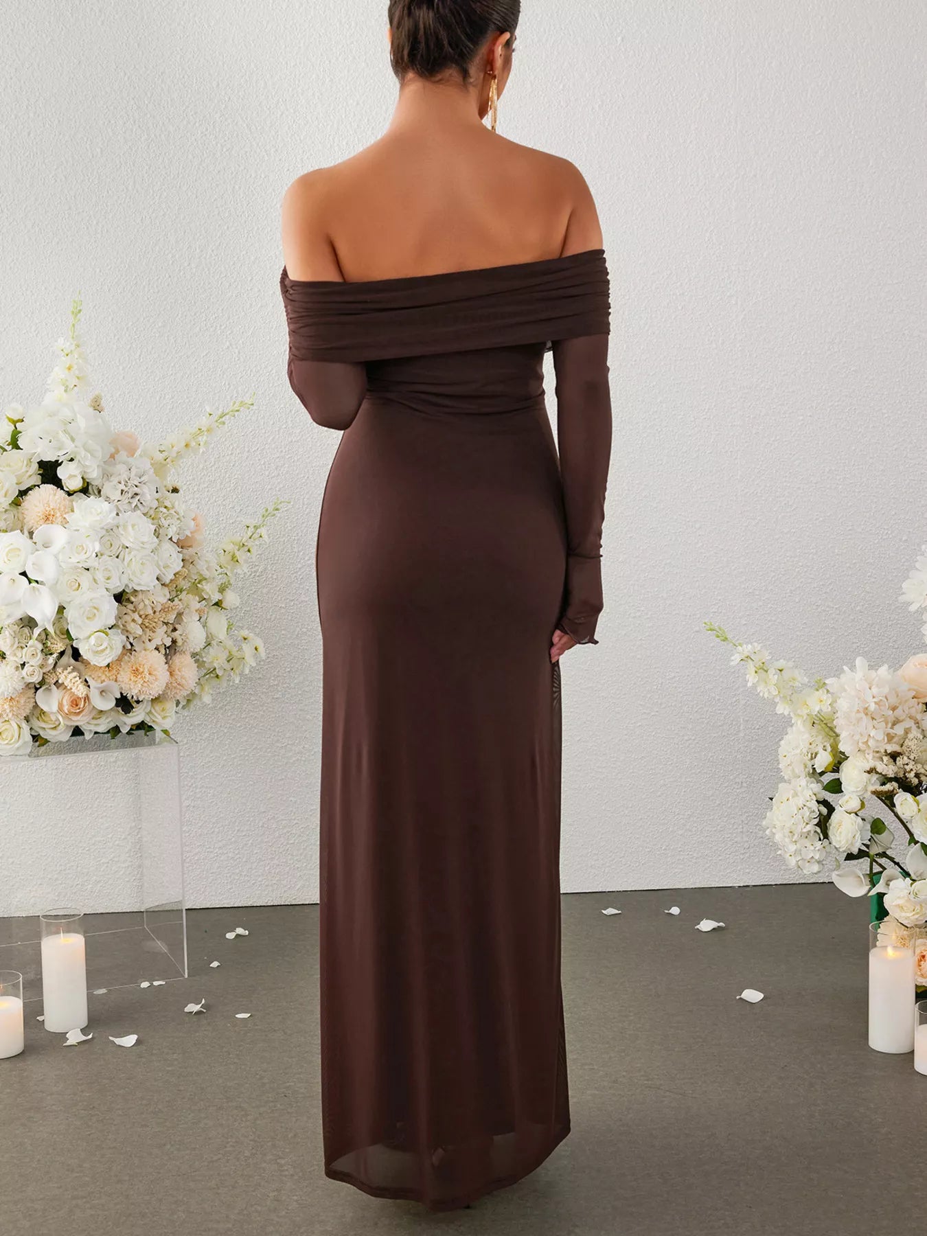 Off-Shoulder Ruched Long Sleeve Maxi Dress Trendsi Off-Shoulder Ruched Long Sleeve Maxi Dress