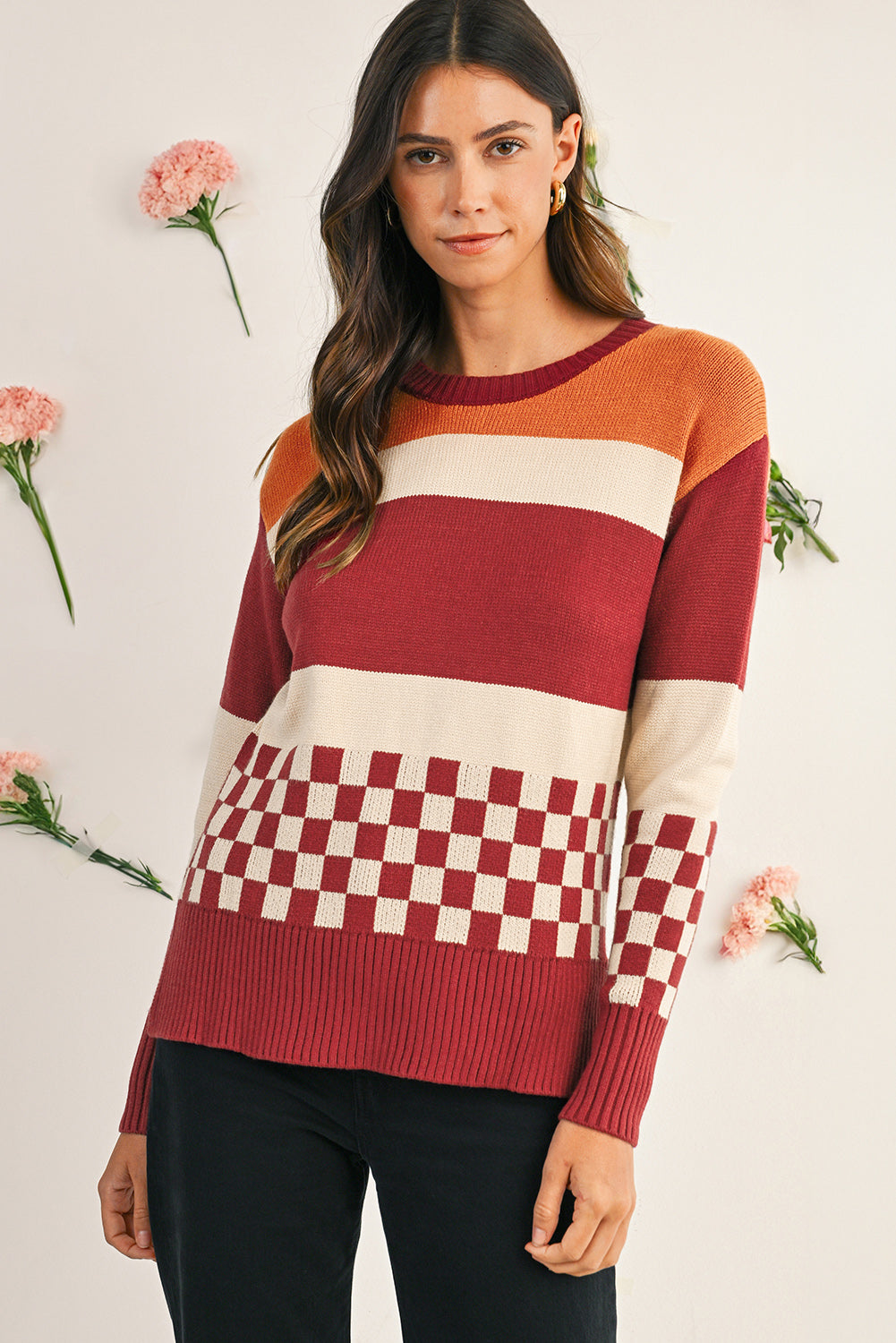 Brown Checkered Colorblock Knitted Drop Shoulder Sweater
