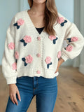 Embroidered Camellia Button Down V-Neck Long Sleeve Cardigan Blush Pink One Size Bazarre Mart Floral Cardigan