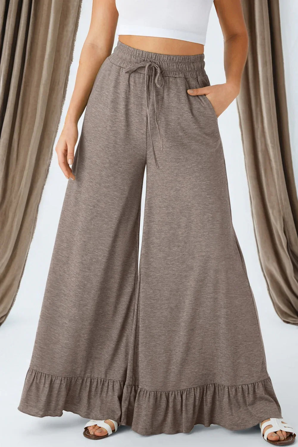 DUNE Ruffled Wide Leg Pull On High Waist Pants with Pockets Bazaare Mart Bottoms/Pants & Culotte