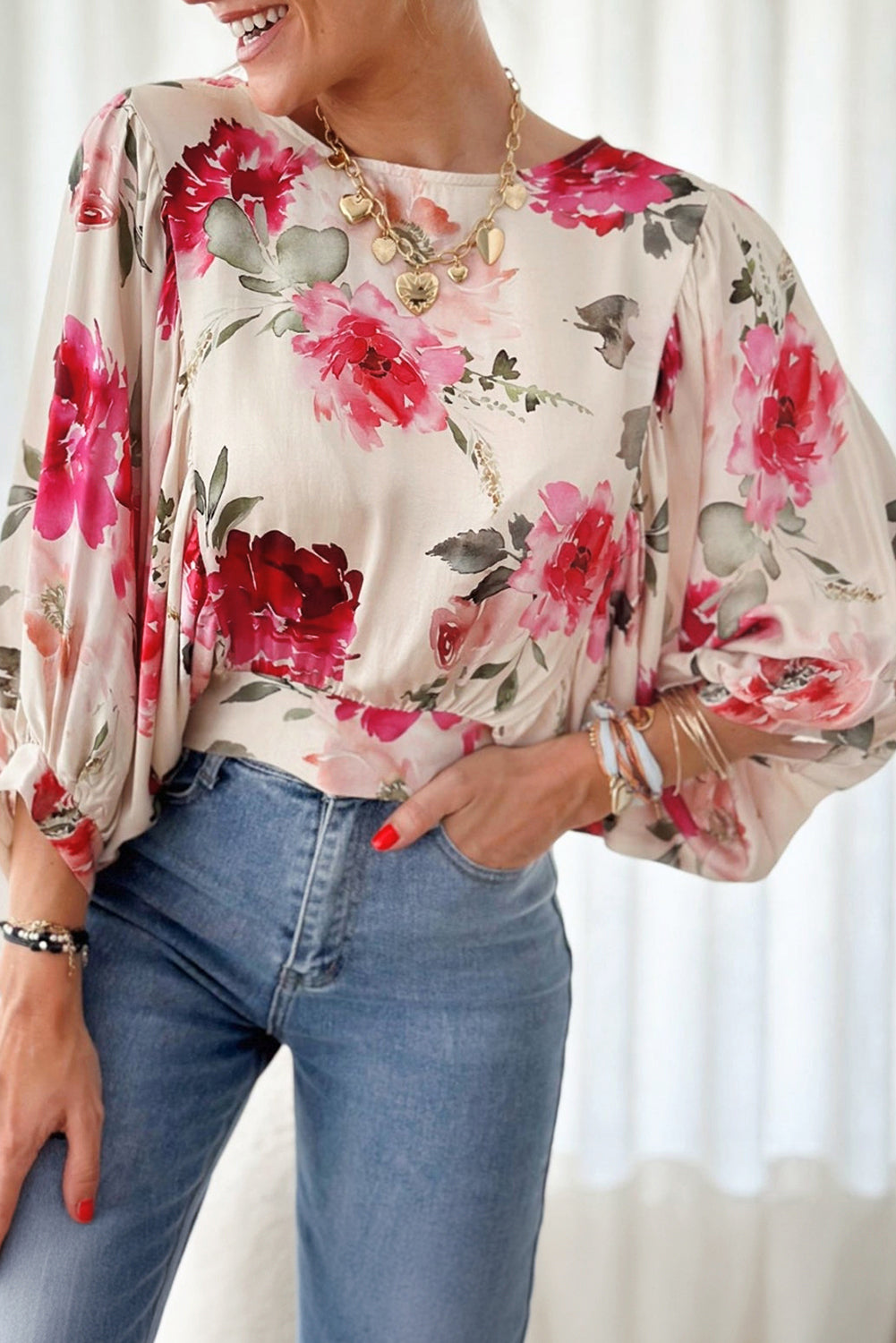 Rose 3/4 Sleeve Lace-up Back Blouse