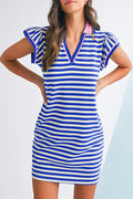 Dark Blue Striped Ruffle Short Sleeve Pop of Color Neckline Dress Dark Blue 65%Polyester+30%Cotton+5%Elastane Shewin Short Dresses