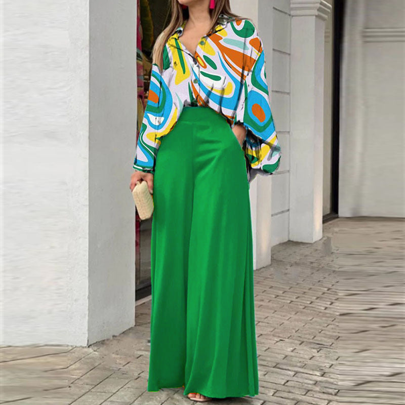 Women's Printed Shirt Wide Leg Pants Fashion Casual Set Yellow Green CJ Dropshipping 2 pc. Pants Outfit