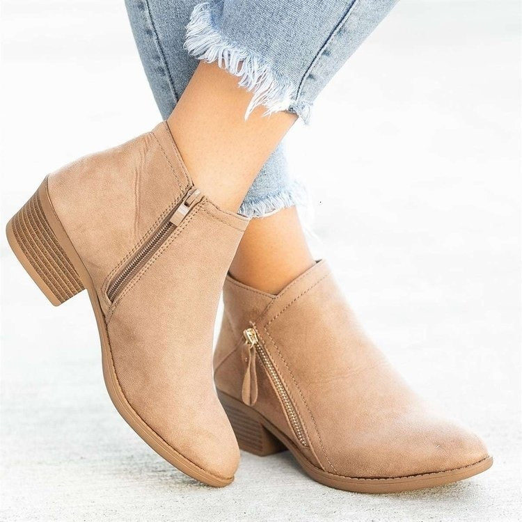 Low Heel Side Zipper Ankle Boots