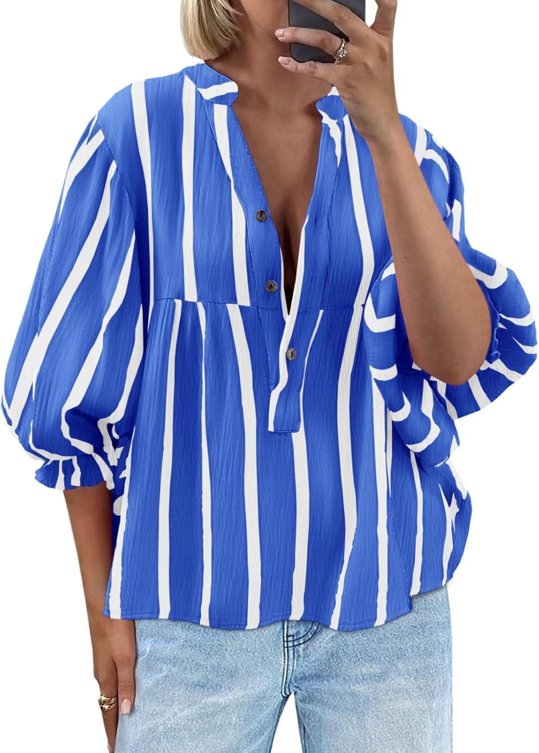 Women’s Striped Puff Sleeve Blouse – Loose Fit 3/4 Sleeve Half Button Top Blue CJ Dropshipping Wide Vertical Stripe 3/4 Sleeve Shirt