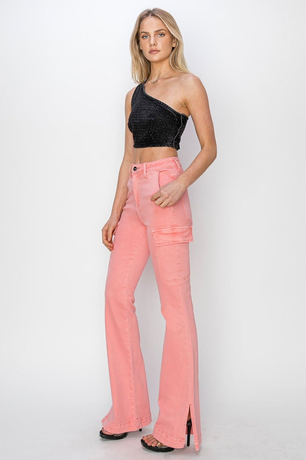 Pink High Rise Side Slit Cargo Bootcut Jeans