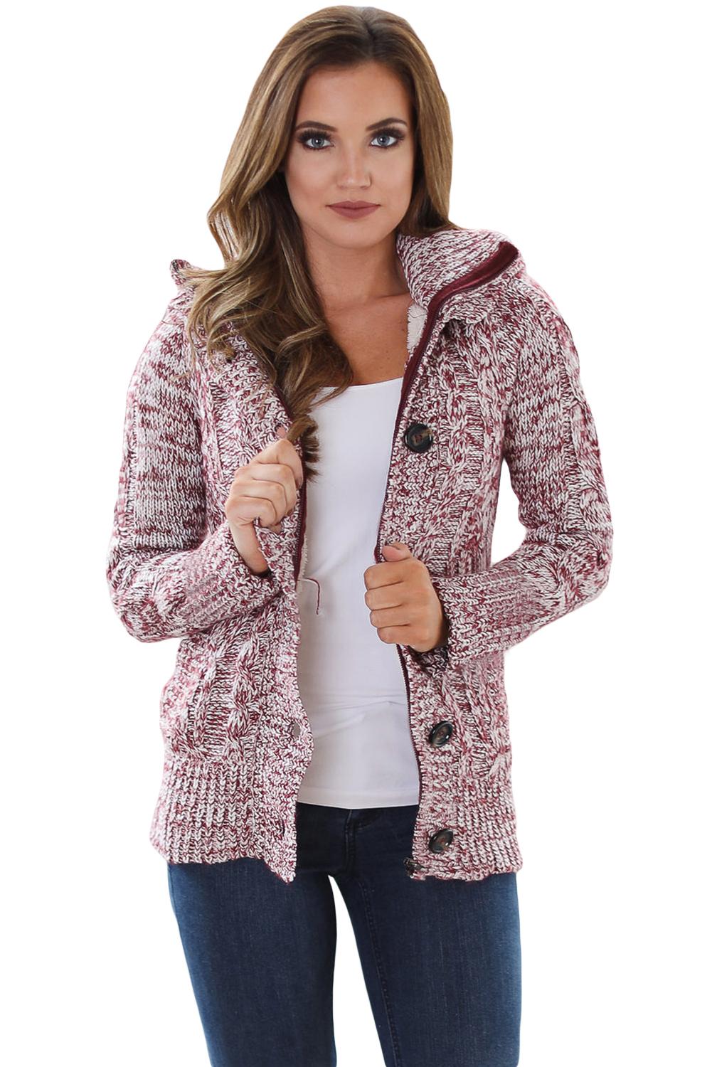 Red Fur Lined Button-Up Hooded Cardigan