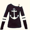 Anchor Print Off Shoulder Chain Detail Long Sleeve T-Shirt Navy Blue Bazaare Mart Long Sleeve Tee