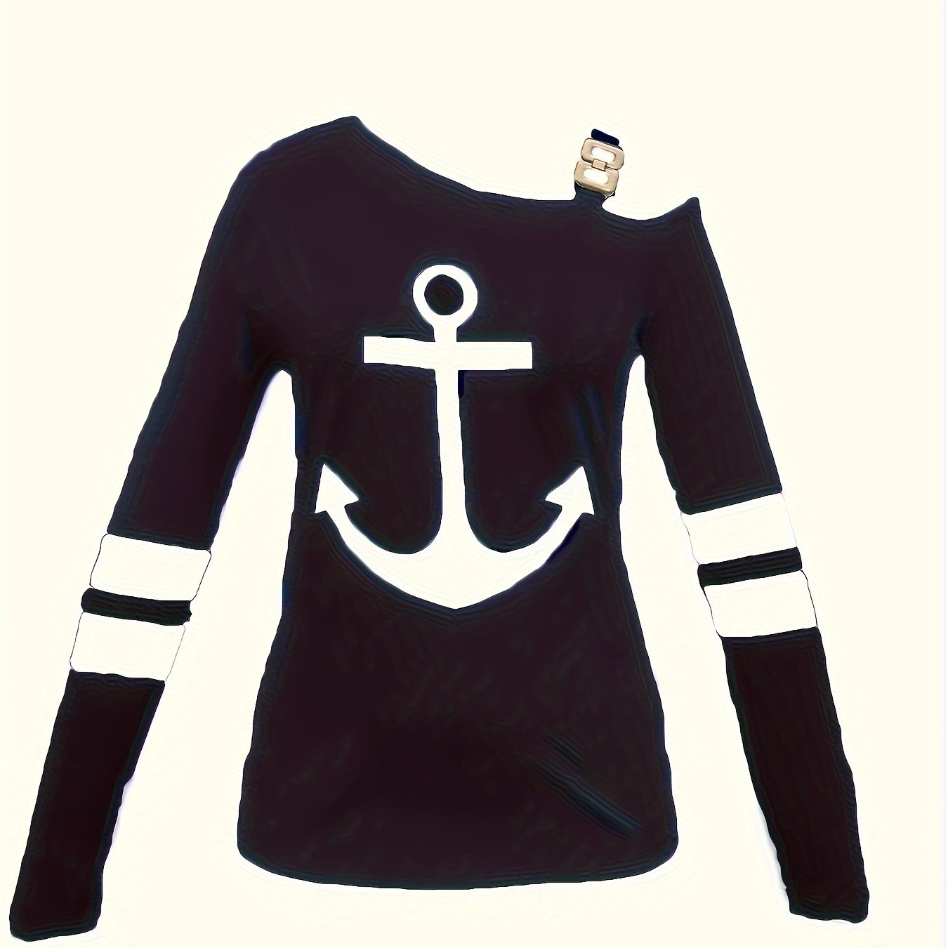 Anchor Print Off Shoulder Chain Detail Long Sleeve T-Shirt