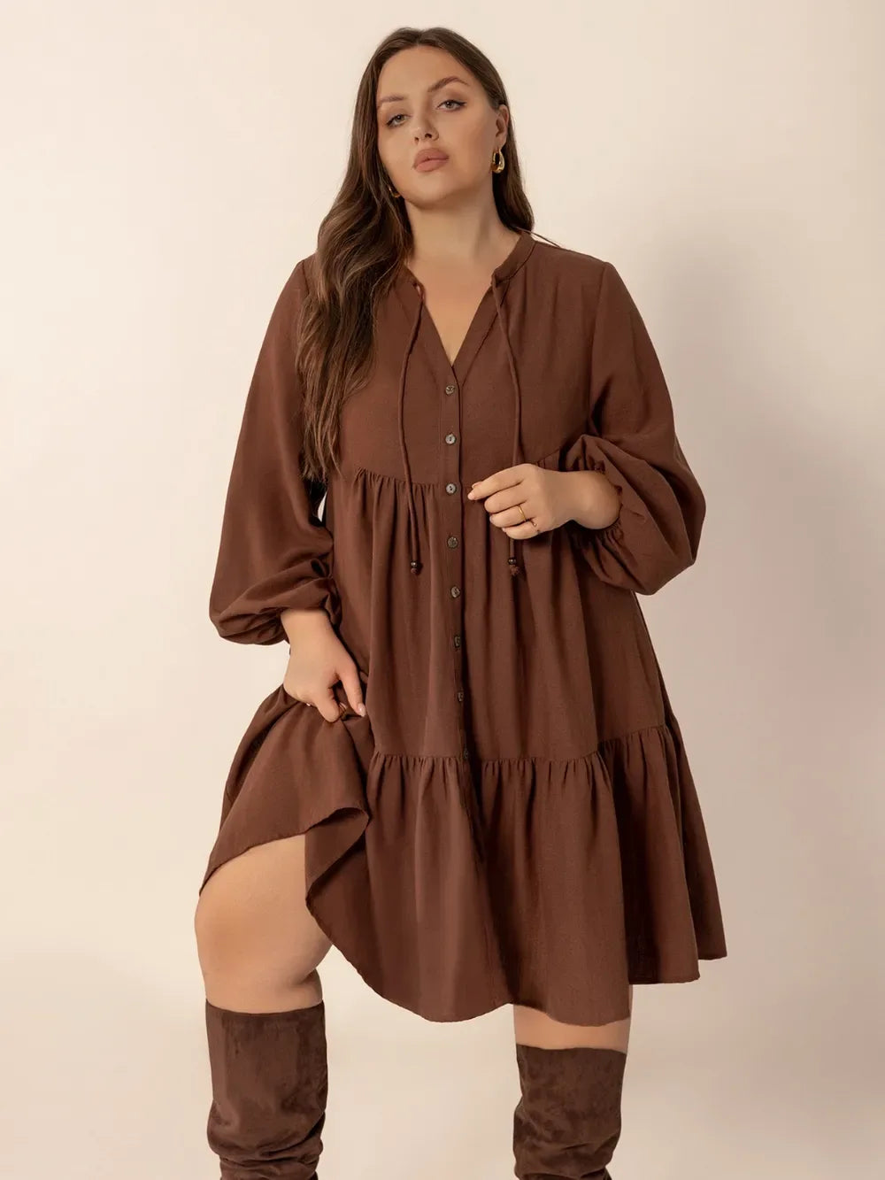 Brown Long Balloon Sleeve Tiered Dress Bazarre Mart Brown Tiered Dress