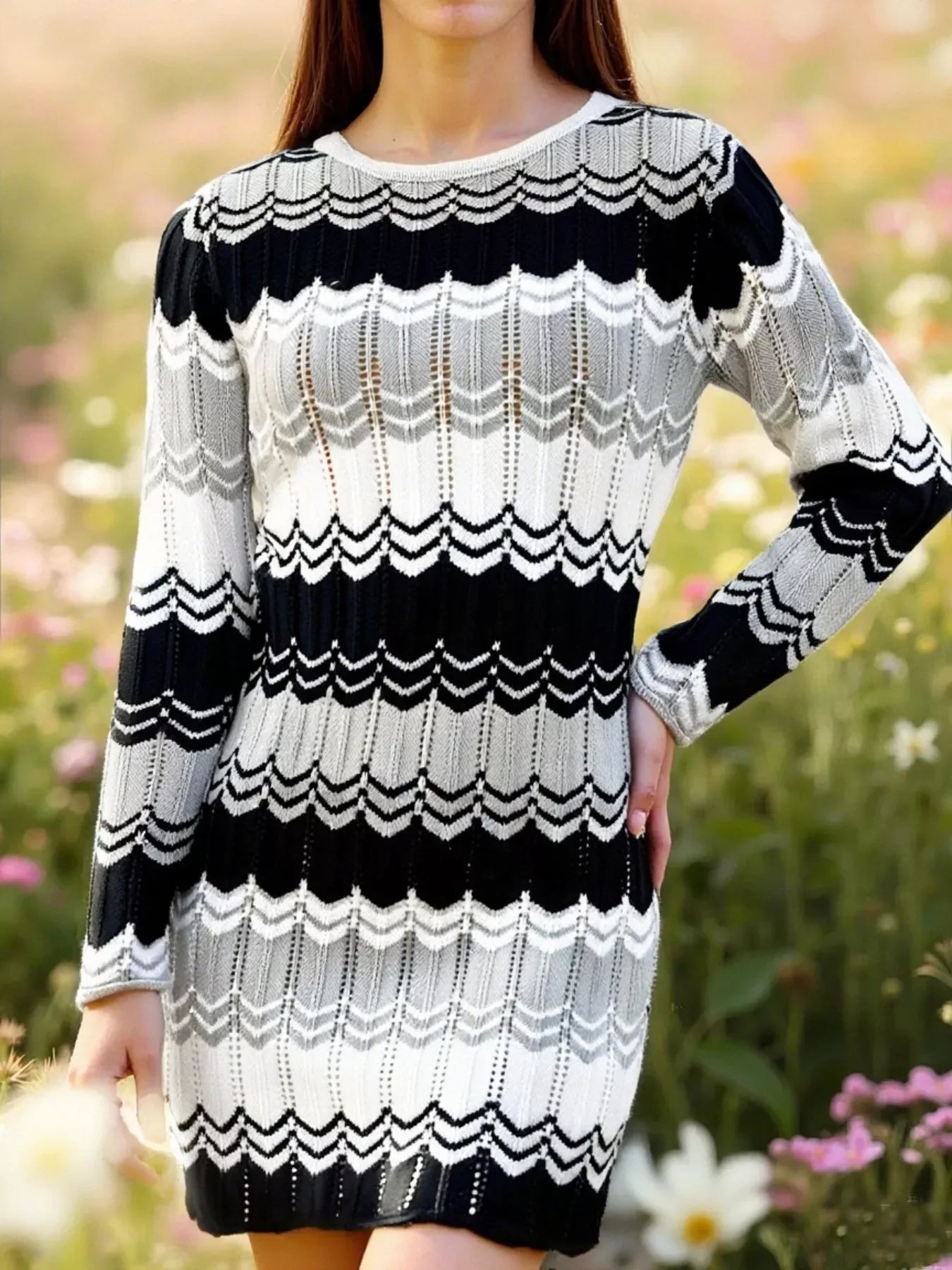 Openwork Wave Pattern Long Sleeve Sweater Dress Trendsi Striped Sweater Dress