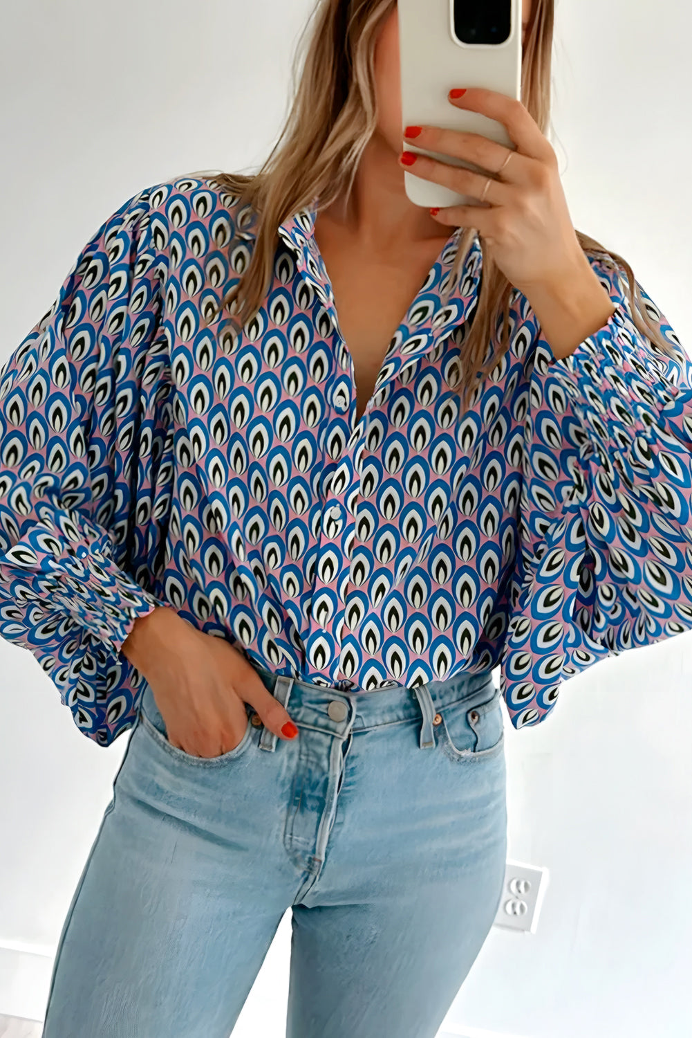 Blue Abstract Print Shirred Cuff Buttoned Oversized Shirt