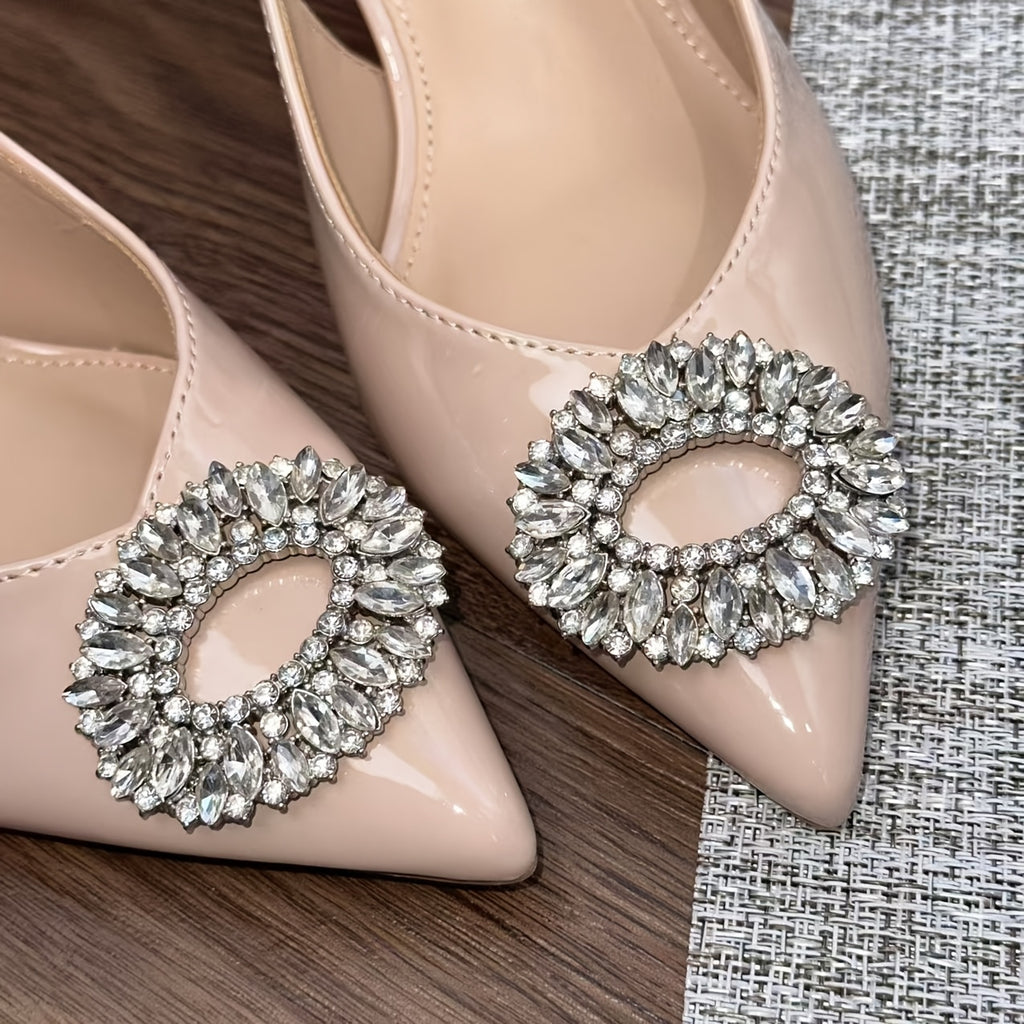 Beige Pointed Toe Rhinestone Accented Slingback Heels