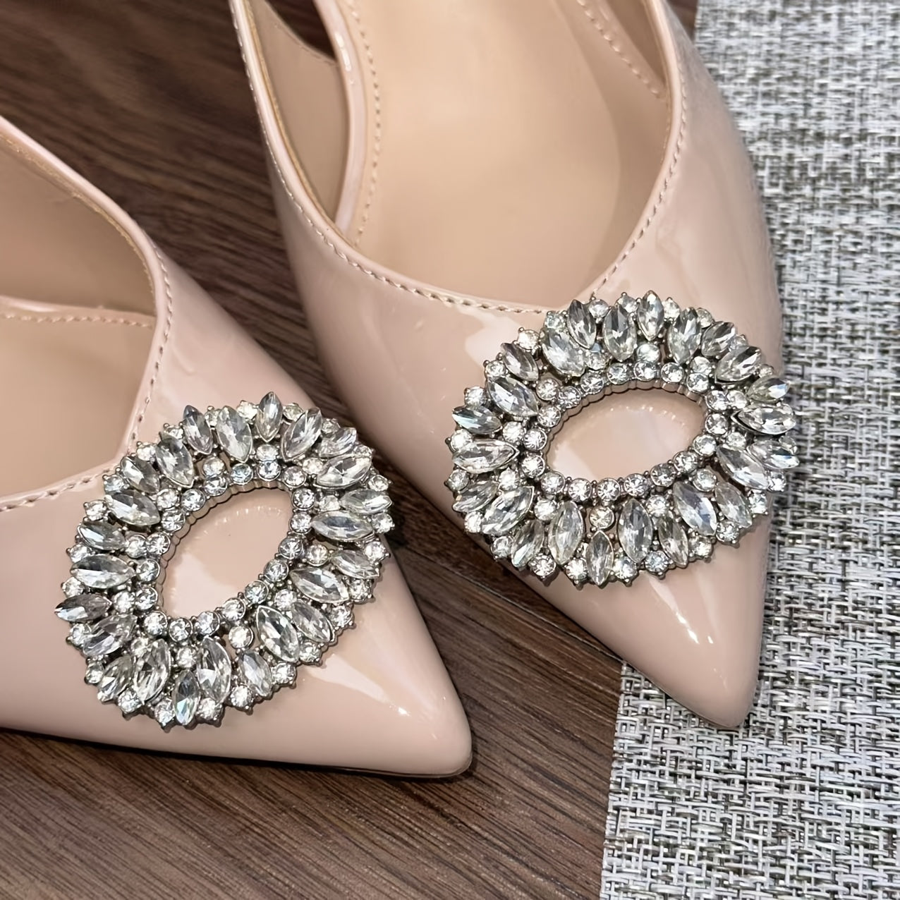 Beige Pointed Toe Rhinestone Accented Slingback Heels